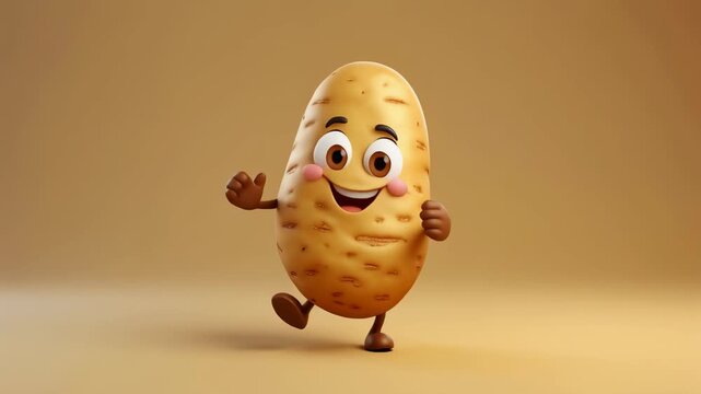 A cheerful animated potato character with a happy face, arms, and legs, walking or dancing on a plain brown background.