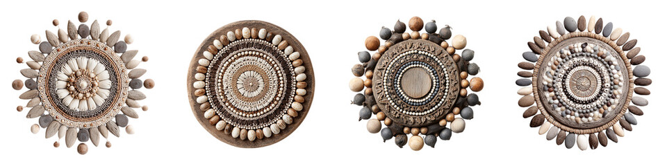Collection of Decorative Mandala Designs with Stones, Boho Style, Isolated on White Background