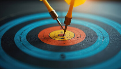 Two darts hit the bullseye on a target. Precision aiming, perfect shot, achieving success. Business success metaphor, strategic planning, reaching goals. Winning game, competition, accuracy in action.
