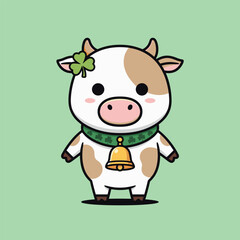 Adorable Cartoon Cow with Clover and Bell for St. Patricks Day.