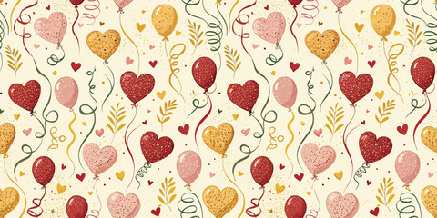 Colorful heart and balloon pattern in warm tones, perfect for celebrations or festive occasions.