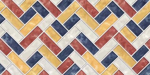 Colorful herringbone pattern featuring red, blue, yellow, and white shades.