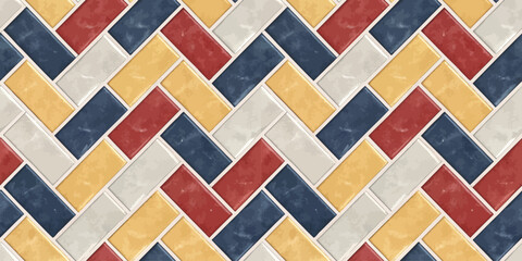 Colorful herringbone patterned tiles in red, blue, yellow, and neutral shades for vibrant spaces.
