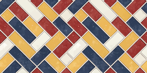 Colorful herringbone pattern featuring red, navy, yellow, and cream tiles for vibrant design.
