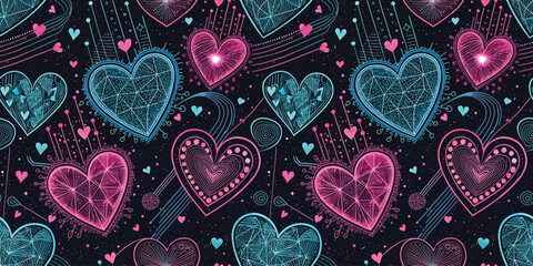 Colorful heart patterns in vibrant shades of pink and blue against a dark background, showcasing love and creativity.