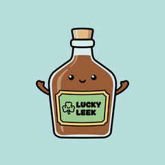 Cute Cartoon Bottle of Lucky Leek Potion with Smiling Face.