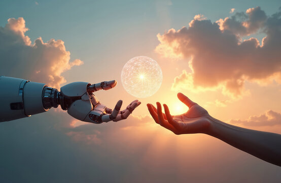 Robot and human hands reach for glowing sphere. Future partnership, tech meets humanity. Sunset sky background shows AI collaboration and advancement. - Powered by Adobe