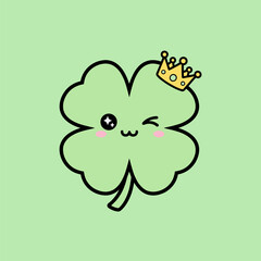 Cute Four-Leaf Clover with Crown and Kawaii Face.