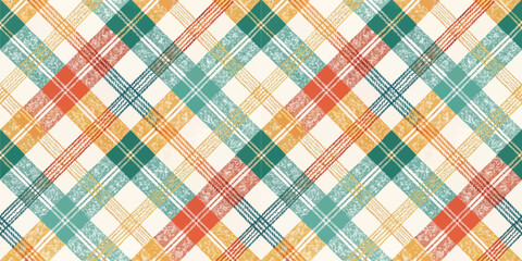 Colorful plaid pattern featuring blue, orange, green, and cream tones for a cozy, vintage vibe.