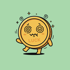 Dizzy Luck Coin Cartoon Character with Swirling Eyes and Wobbly Legs.