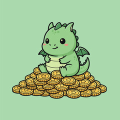 Cute Green Dragon Sitting on a Pile of Gold Coins. © Mulyadi Lim