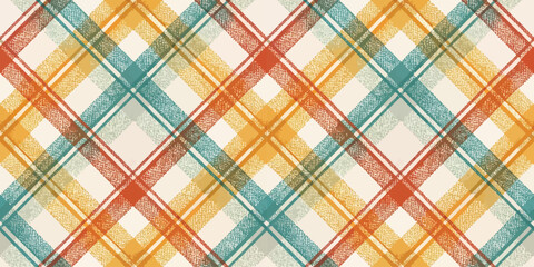 Colorful plaid pattern featuring orange, teal, and cream tones, adding a vibrant touch to any design.
