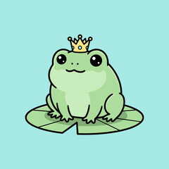 Charming Cartoon Frog Prince on Lily Pad with Golden Crown.
