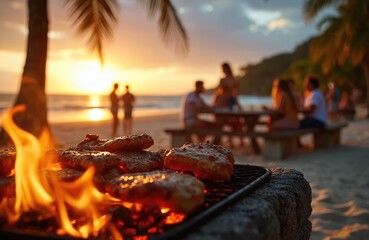 Meat cooks on grill at beach bonfire. People gather around picnic table, ocean sunset creates warm ambient light. Friends and family share food and enjoy summer vacation.
