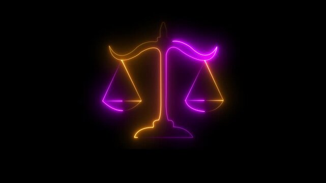 Glowing neon Law Symbol Digital Justice Scale Loop. Neon Scales of Justice Animation Legal Concept .Glowing neon line Scales of justice icon isolated on black background. Court of law