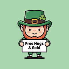 Cartoon Leprechaun Offering Free Hugs and Gold for St. Patricks Day.