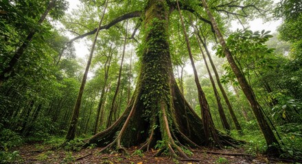 A large, ancient tree with intricate roots and lush green foliage in a dense tropical rainforest setting.
