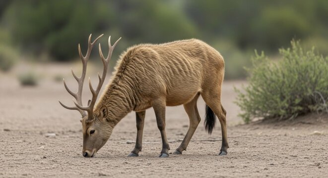 A male Mongolian gazelle with large antlers grazing on a dry, sandy plain with sparse vegetation.