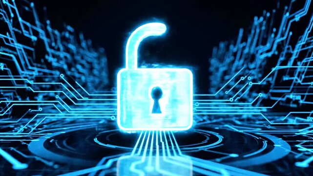 Glowing blue padlock floats above circuitry, signaling secure data and encrypted digital protection