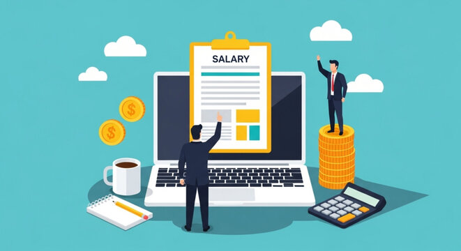 Digital Salary Calculation and Financial Planning Business Concept with Laptop and Coins, Remote Work Environment, Isometric View