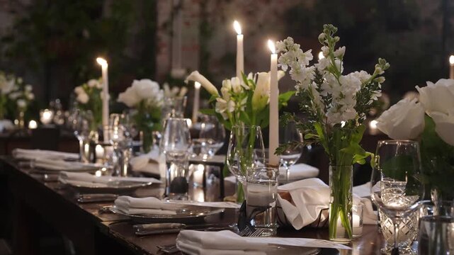 Formal Long Table Dinner In Loft, Event Planner Finalizing Seating, MaTre D Adjusting Candles, Caterer Inspecting Glassware Candlelit