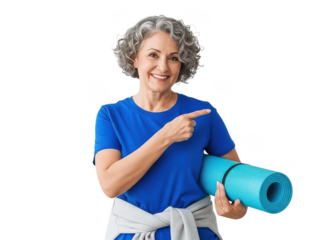 Smiling senior woman holding a yoga mat and pointing to the side.