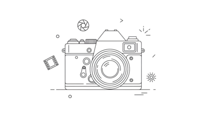 Minimalist illustration of a vintage camera using white lines against a solid black background