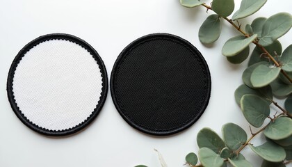 Two round embroidered patches, one blank white, one black, lie on white surface next to eucalyptus branch. Both patches black stitched borders, offer space for custom logos designs. Ready for