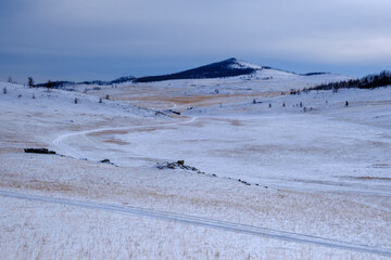 Tazhenranskaya steppe in winter on west coast of Lake Baikal, Siberia
