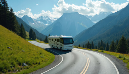 Recreational vehicle travels winding asphalt road through mountain valley. Tall evergreen trees cover slopes under clear blue sky. Majestic peaks loom in distance. Scenic drive on sunny summer day.