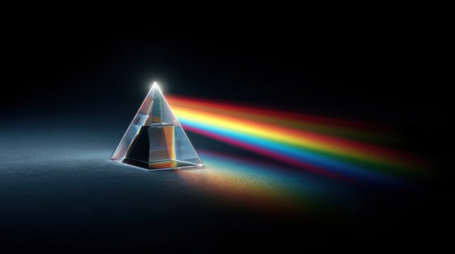 Rainbow Dispersion: The precise diffraction of light through a triangular prism reveals a vibrant rainbow spectrum, a mesmerizing display of colors. - Powered by Adobe