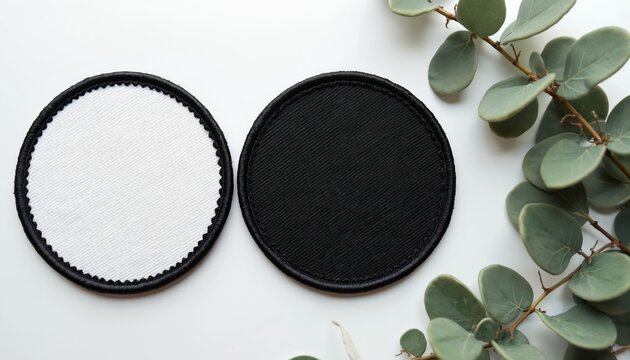Two round embroidered patches, one blank white, one black, lie on white surface next to eucalyptus branch. Both patches black stitched borders, offer space for custom logos designs. Ready for