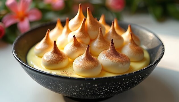 Peruvian Suspiro Limeno dessert with meringue peaks and custard base. Served in a dark bowl with cinnamon dusting. A sweet, creamy, indulgent treat.