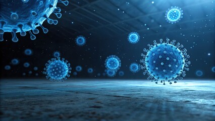 A digitally rendered illustration of blue viruses floating in a dark environment, highlighting their detailed structure and scientific significance.