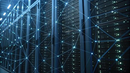 A detailed view of a data center featuring servers interconnected with glowing lines, representing advanced technology and networking.