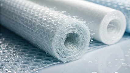 Two rolls of transparent mesh material are displayed, showcasing a textured surface with droplets of water, emphasizing clarity and versatility in various applications.