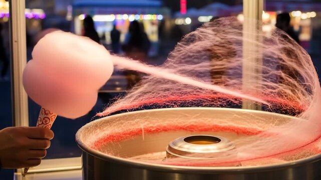 Vibrant pink cotton candy spinning from a bustling carnival machine at night