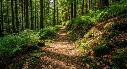 Fototapeta premium A narrow, winding path through a dense forest, with lush green ferns and moss on the sides, leading towards a clearing in the distance.