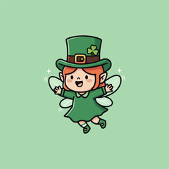 Cute St. Patricks Day Fairy with Green Hat and Clover.