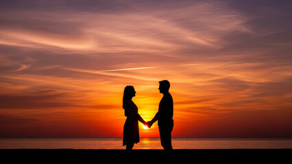 Romantic silhouette of a couple holding hands against a vibrant sunset sky symbolizing love togetherness and peaceful moments