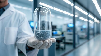 A scientist in a lab holds a glass capsule filled with liquid and bubbles, showcasing advanced research and innovation in a modern laboratory setting.