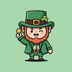 Charming Leprechaun Cartoon Character Holding a Gold Coin.
