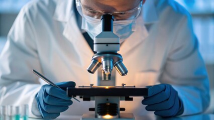 A scientist examines a sample under a microscope, showcasing the intricate details of research in a laboratory setting.