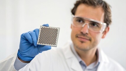 A scientist examines a microchip, showcasing advanced technology in a laboratory setting while wearing protective gear and gloves.