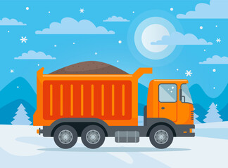 Truck with sand in winter. Loading bulk materials. Flat illustration.