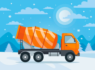 Cement mixer on winter background. Flat illustration.