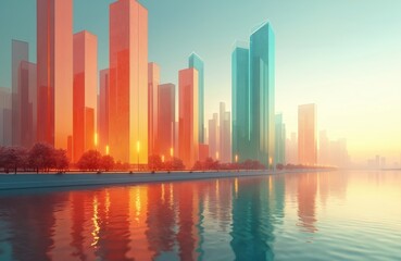 Obraz premium Modern city skyline with glass skyscrapers reflecting warm sunset hues, turquoise water. Tall buildings rise along waterfront with trees, streetlights, suggesting urban development, business growth.