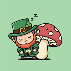 Sleeping Leprechaun Napping by a Mushroom Cartoon Illustration.