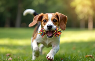 Beagle dog runs with colorful rope toy in mouth. Happy canine plays fetch in green park field during sunny day. Energetic pet enjoys outdoor activity and playtime.