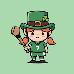 Cute Cartoon Girl Leprechaun with Hurling Stick for St. Patricks Day.